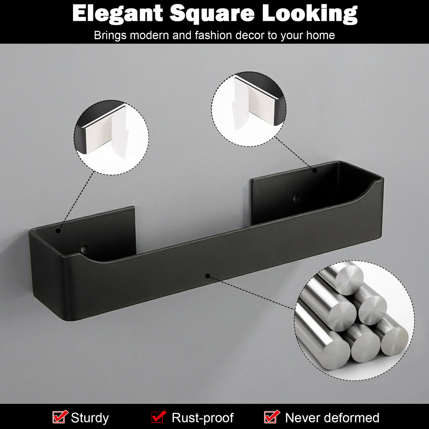 9-Inch Self-Adhesive Hand Towel Holder – Matte Black – image 3 feature details