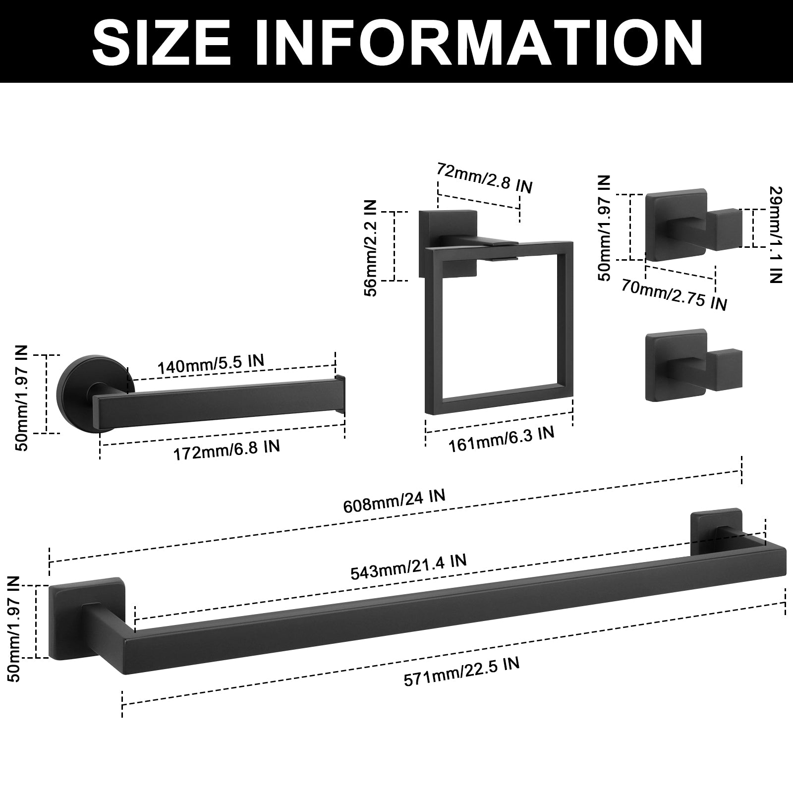 24-Inch Square 5-Piece Bathroom Hardware Set – Matte Black – image 2