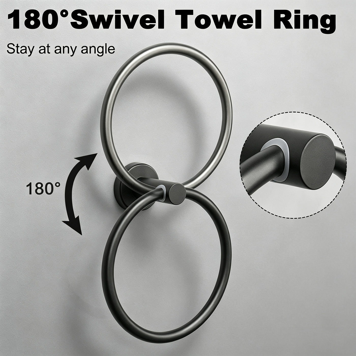 Wall-Mounted Swivel Towel Ring – Matte Black – image 3 feature details